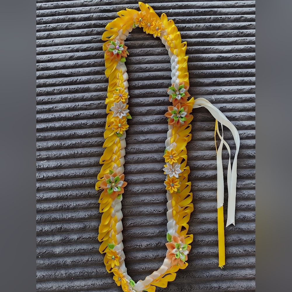 Handmade Yellow and White Floral Satin Ribbon Lei.